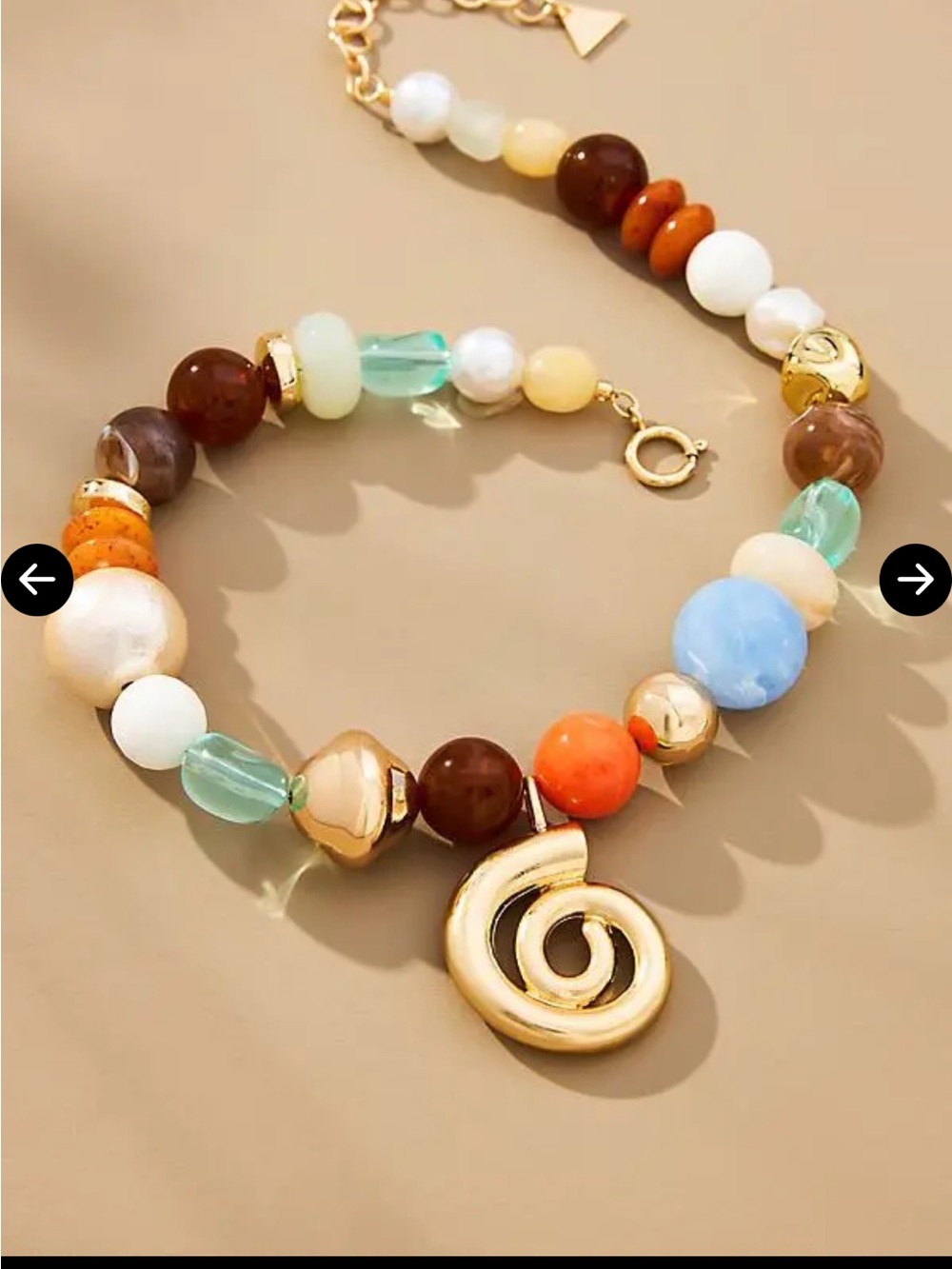 Anthropologie Mixed Beaded Necklace with Gold Spiral Charm